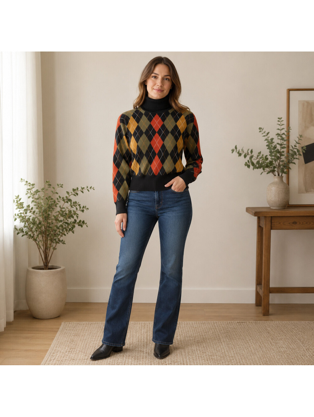 VTG Escada Turtleneck Sweater Womens 38 Black Argyle Wool Preppy Retro Luxury